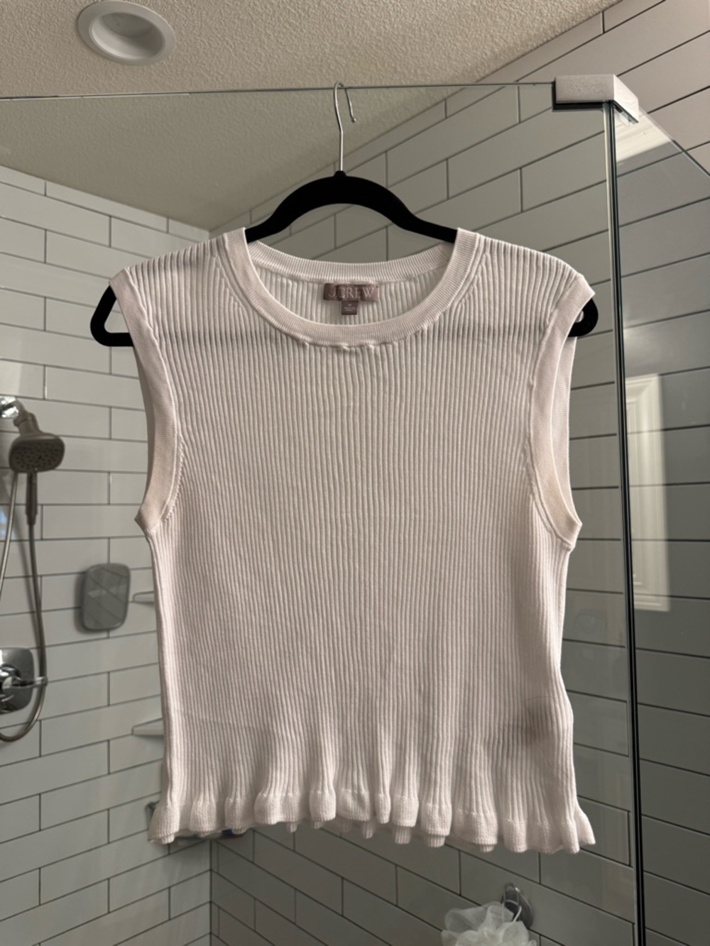 J. Crew White Ribbed Tank with Ruffle Hem